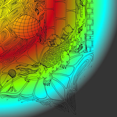 Crocodile sings into a microphone. Night club. A scene with an aquarium and music speakers. Crocodile skin pattern. Freehand sketch. Bright creative illustration.