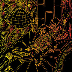 Crocodile sings into a microphone. Night club. A scene with an aquarium and music speakers. Crocodile skin pattern. Freehand sketch. Bright creative illustration.