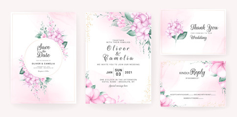 Fototapeta na wymiar Floral wedding invitation card template set with watercolor floral arrangements and border. Flowers decoration for save the date, greeting, thank you, poster, cover. Botanic illustration vector