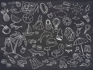 Set of summer doodles isolated on chalkboard. Travel and vacation emblems and symbols. Vector illustration. Perfect for greeting card, postcard, print.