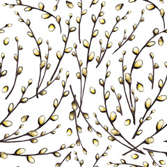 Bright Easter holiday, willow branch, chicken, basket with painted eggs, pencil drawing, frame, seamless pattern