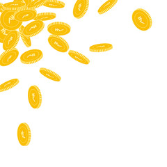 Indian rupee coins falling. Scattered big INR coin