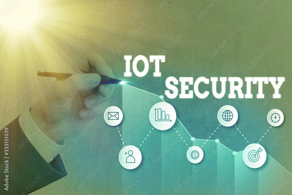 Poster word writing text iot security. business photo showcasing practice of eradicating vulnerabilities in