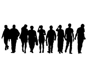 Big crowds people on street. Isolated silhouette on a white background