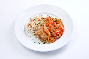 cutlet with barley on the white background