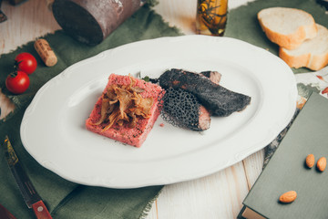 Restaurant serving steak on a plate with pepper. Medium rare steak with rice.