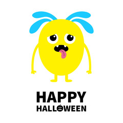 Happy Halloween. Yellow monster with eyes, fangs, hair, tongue. Funny Cute cartoon kawaii character. Baby collection. Flat design. Greeting card. White background. Isolated.
