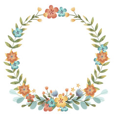 Summer, spring, easter, birthday or wedding circle wreath with flowers, leaves and branches. Hand drawn illustration.