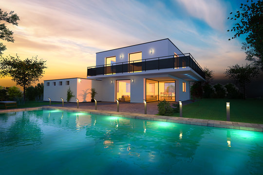 Maison d'architecte moderne ambiance nuit avec piscine