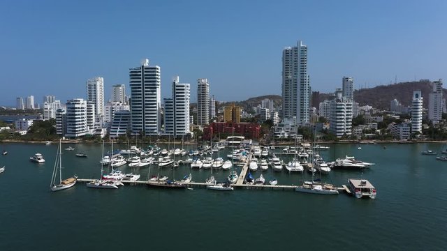 Aerial view of a yacht club in a beautiful bay in Cartagena, Colombia