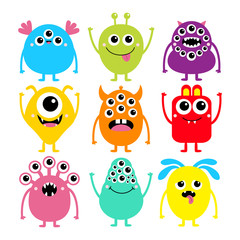 Happy Halloween. Monster set. Cute kawaii cartoon colorful scary funny character icon. Eyes, tongue, hands, horns, fang teeth . Funny baby collection. Isolated. White background Flat design.