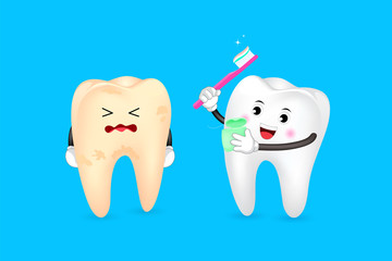 Dirty and clean tooth comparision on blue background.  Teeth Whitening. Dental care Concept. Oral Care, teeth restoration. Yellow and white teeth.