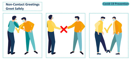 Alternative safe greetings to avoid physical contact and to practice social distancing. Non-Contact Greetings during the COVID-19 period. Elbow bump. Foot tap. Coronavirus. Flat vector illustration.