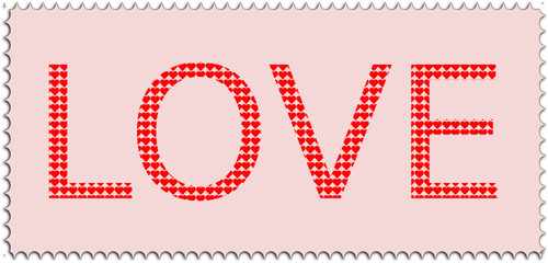 Love written with red hearts on pink background - illustration