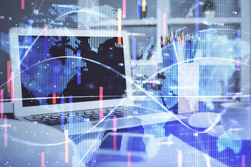 Double exposure of business theme icons and work space with computer background. Concept of success.