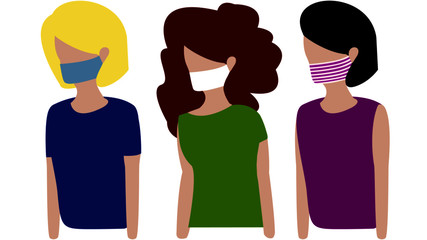 Three women of different hair colours with a mask to protect against diseases and viruses, such as Corona virus