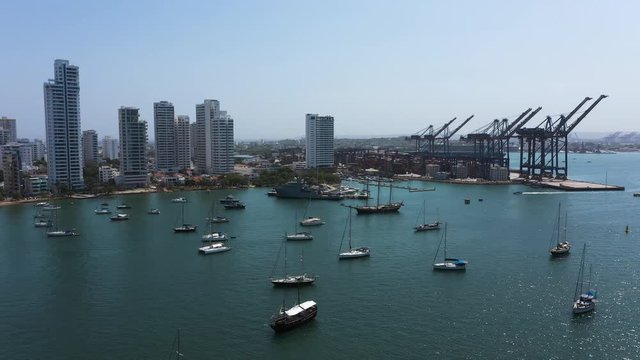 Aerial view of a cargo port in Cartagena, Colombia.