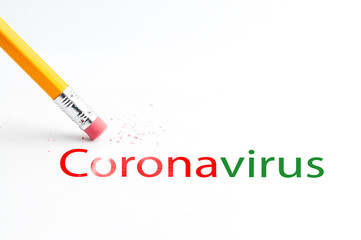 Closeup of pencil eraser and color coronavirus text. Covid-19 Coronavirus concept inscription information bulletin. World Health organization WHO introduced new official name for Coronavirus disease