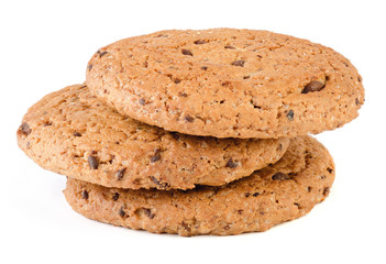 Three sweet cookie made from oatmeal flour. Tasty biscuit with pieces of chocolate closeup isolated on white background. This image has better resolution and quality, and absolute sharpness .