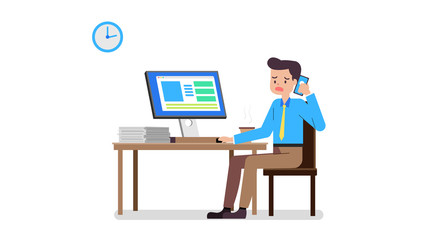 Business man hard working concept .Cartoon Business man working on PC at desk.Vector illustration.Young  businessman stressed call mobile phone in office