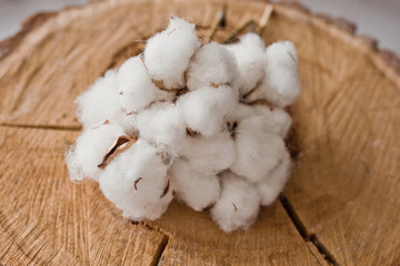 white cotton on wood background