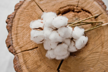 white cotton on wood background