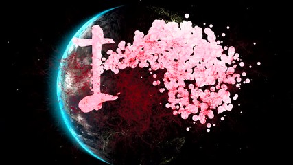 Blood vessels background. Motion of the Earth. Animation text on the screen - Virus - Powered by Adobe