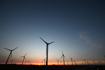 Fototapeta premium Windturbinen an der Nordseeküste bei Sonnenuntergang