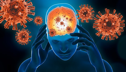 Brain viral infection 3D rendering illustration. Brain inflammation with red generic virus cells. Neurological diseases like encephalitis, meningitis, Alzheimer's, Parkinson's, narcolepsy concepts. - obrazy, fototapety, plakaty