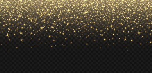 Falling golden sparkles, abstract luminous particles, yellow stardust isolated on a dark background. Flying Christmas glares and sparks. Luxury backdrop. Vector illustration.