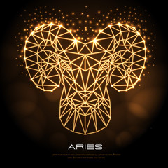 Neon astrology zodiac sign Aries on dark gold background. Abstract Polygonal head of ram or mouflon