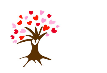 Brown tree with the leaves in the shape of a heart isolated on white background. Pink and red hearts. Illustration.