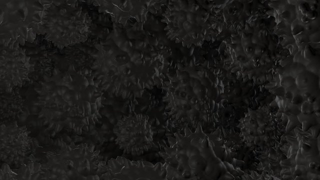 Dark CGI background with viruses. Black spherical microorganisms rotating. Medical or scientific wallpaper, 3D rendering. Seamless loop.