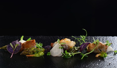 Haute cuisine, Gourmet food scallops with asparagus and lardo bacon