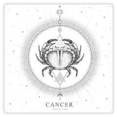 Modern magic witchcraft card with astrology Cancer zodiac sign. Realistic hand drawing crab illustration