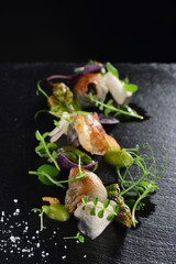 Haute cuisine, Gourmet food scallops with asparagus and lardo bacon