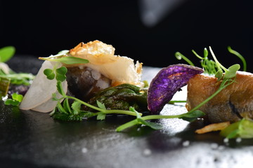 Haute cuisine, Gourmet food scallops with asparagus and lardo bacon