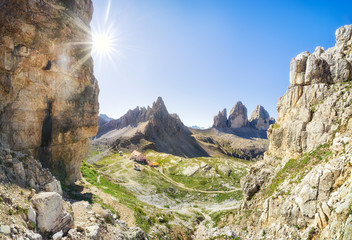 Tre Cime di Lavaredo Locatelli refuge (Three Peaks of Lavaredo or Drei Zinnen) national park summer landscape.