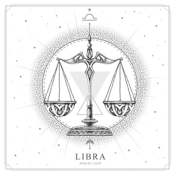 Modern magic witchcraft card with astrology Libra zodiac sign. Realistic hand drawing scales illustration