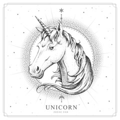 Modern magic witchcraft card with astrology Unicorn zodiac sign. Realistic hand drawing horse or unicorn head © annbozhko