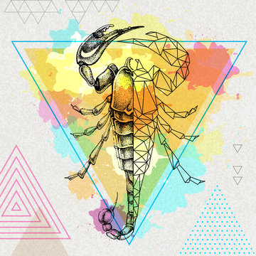 Hipster realistic and polygonal scorpion illustration on artistic watercolor background. Scorpio zodiac sign