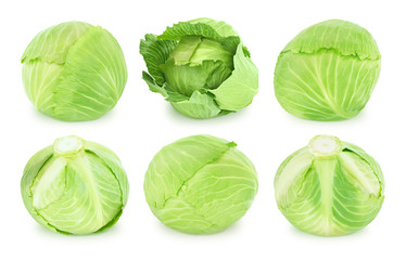 Set of whole green cabbages isolated on a white background.