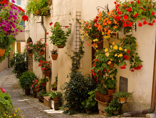 Fototapeta na wymiar Medieval street of Spello decorated with flowers, Italy