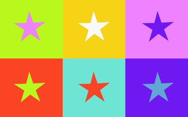 Pop art style star vector pattern on multiple and repeated colorful psychedelic background.