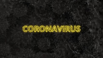 Dark CGI background with viruses. Word 'coronavirus' in the middle. Black spherical microorganisms. Medical or scientific poster, 3D rendering.