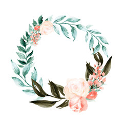 Watercolor spring summer wreath bouquet little flower with rose and leaves isolated on white backgroundArrangement for greeting cards, wedding invitations