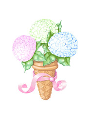 vector illustration holiday greeting card ,hydrangea flowers in ice cream
