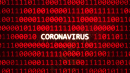 Coronavirus text on random binary code red screen 3D render	