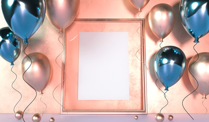 Fototapeta premium Mock up golden picture frame. Colorful balloons next to golden picture frame in front of wall. 3D Rendering. Party banner design with black and gold balloons.