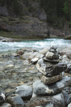 Stacked stones in the bavarian canyon named scheibum, germany.